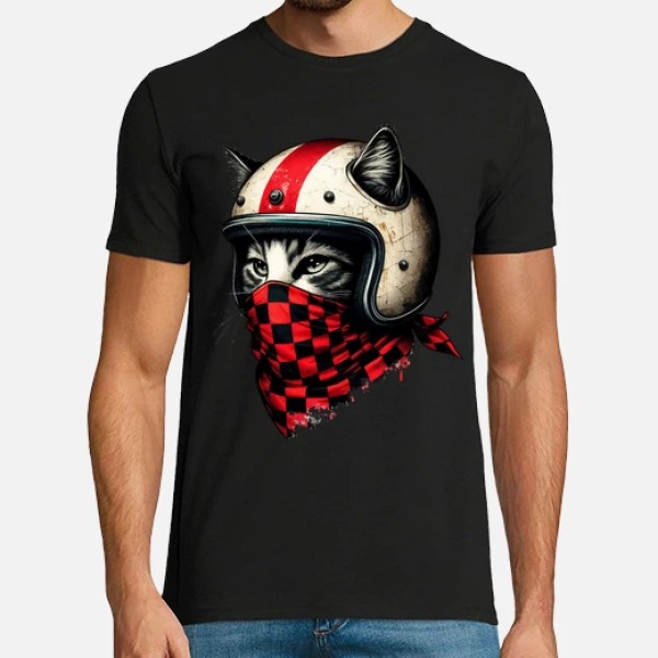 gato motociclista retro con casco genial