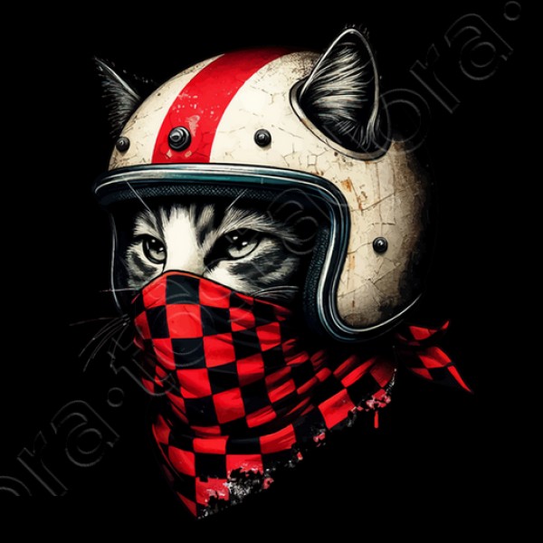 gato motociclista retro con casco genial