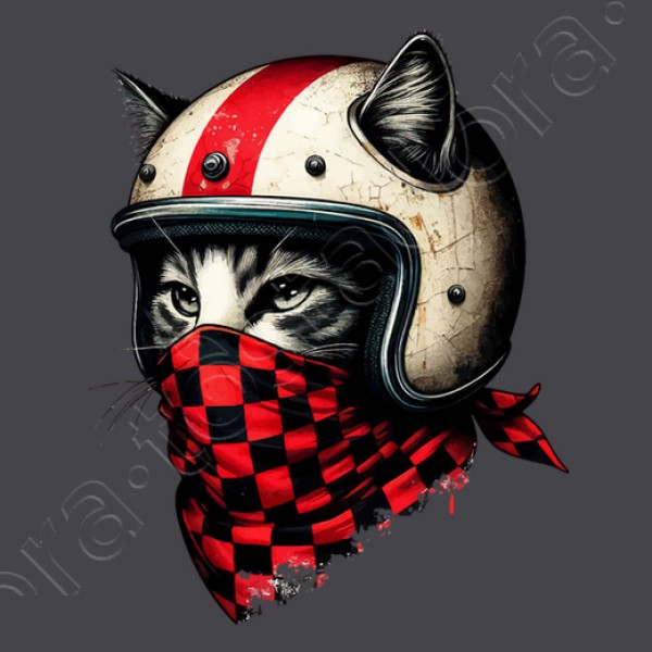 gato motociclista retro con casco genial