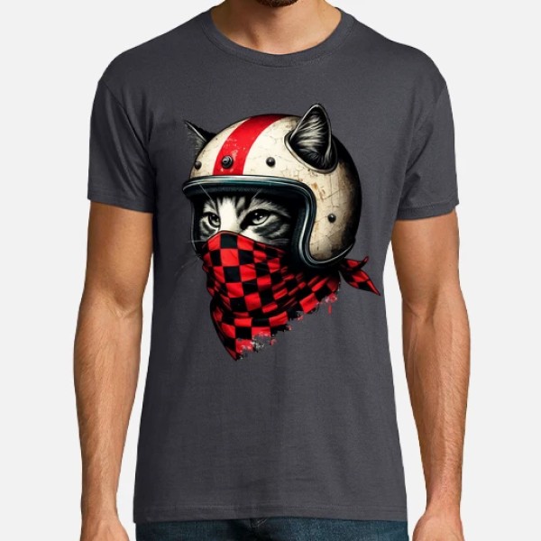 gato motociclista retro con casco genial