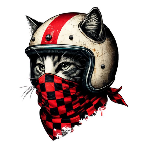 gato motociclista retro con casco genial