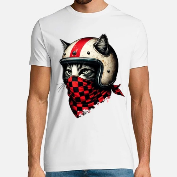 gato motociclista retro con casco genial