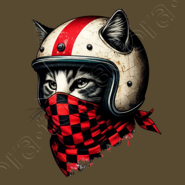 gato motociclista retro con casco genial