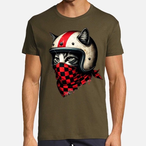 gato motociclista retro con casco genial