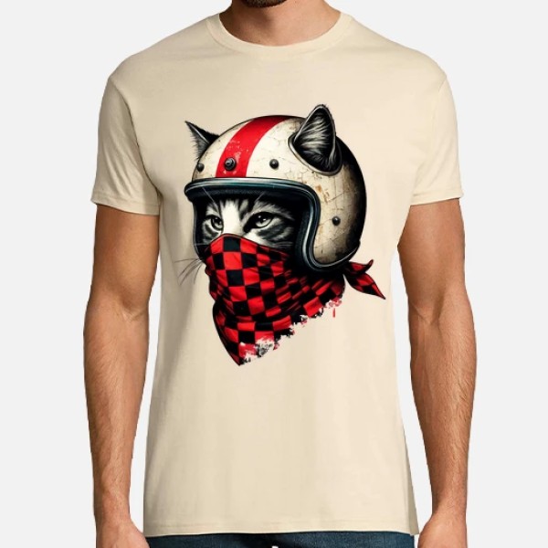 gato motociclista retro con casco genial