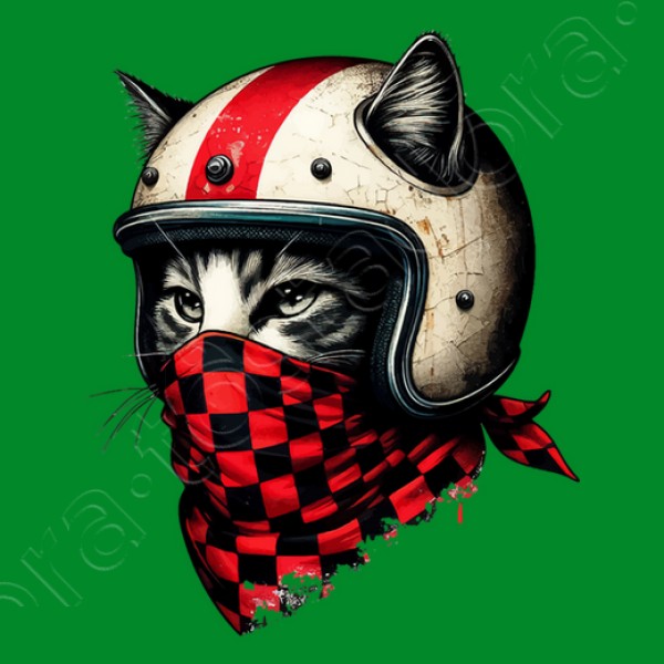 gato motociclista retro con casco genial