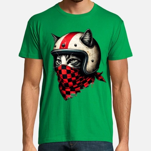 gato motociclista retro con casco genial