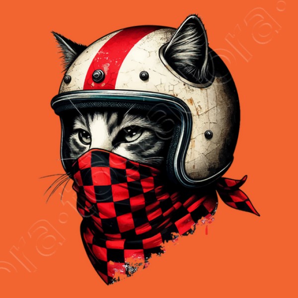 gato motociclista retro con casco genial