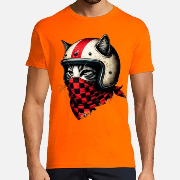 gato motociclista retro con casco genial