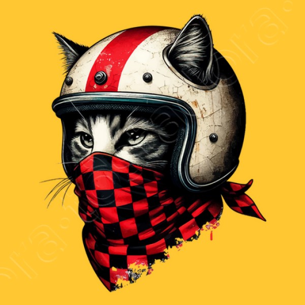 gato motociclista retro con casco genial