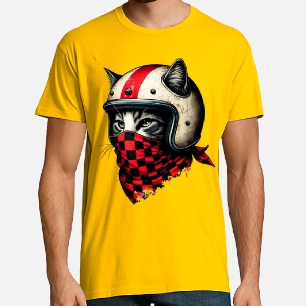 gato motociclista retro con casco genial
