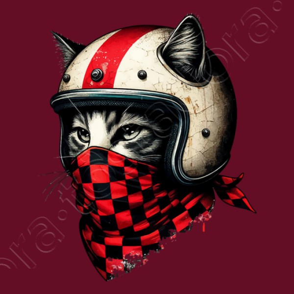 gato motociclista retro con casco genial