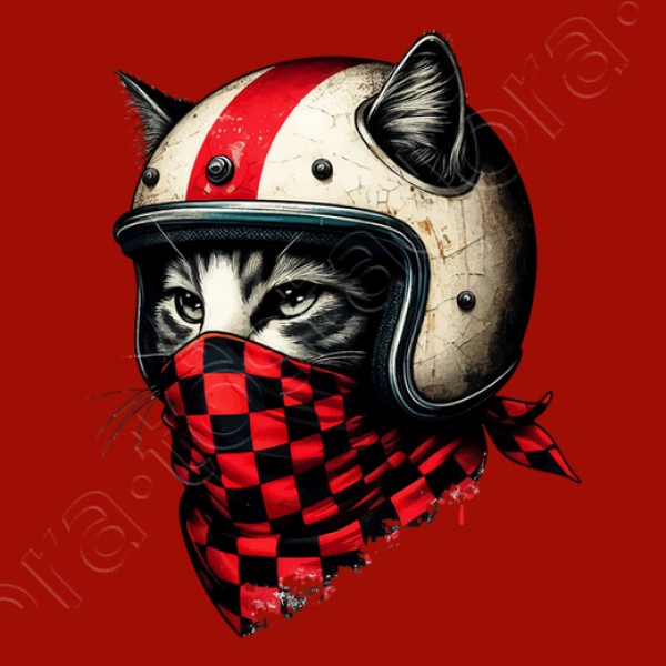 gato motociclista retro con casco genial