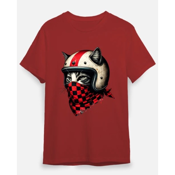 gato motociclista retro con casco genial