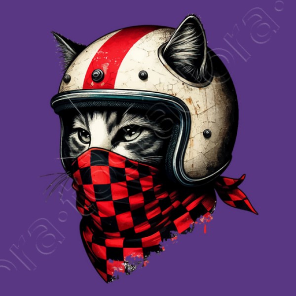gato motociclista retro con casco genial