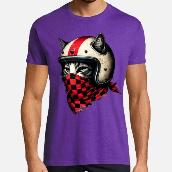 gato motociclista retro con casco genial