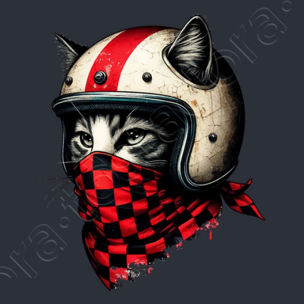 gato motociclista retro con casco genial