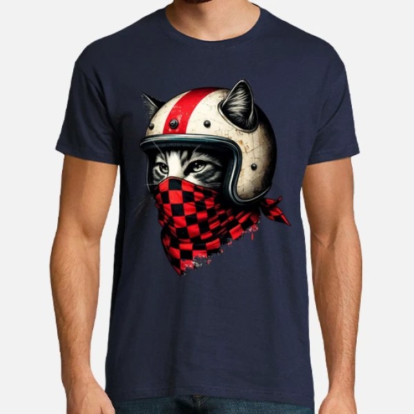 gato motociclista retro con casco genial