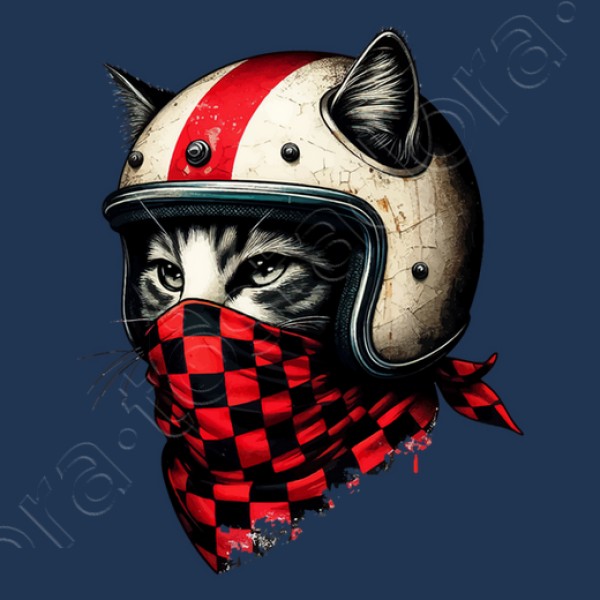 gato motociclista retro con casco genial