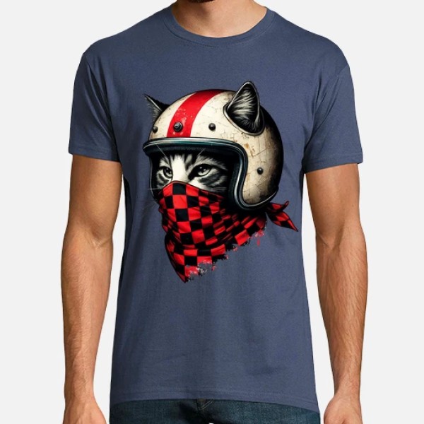 gato motociclista retro con casco genial