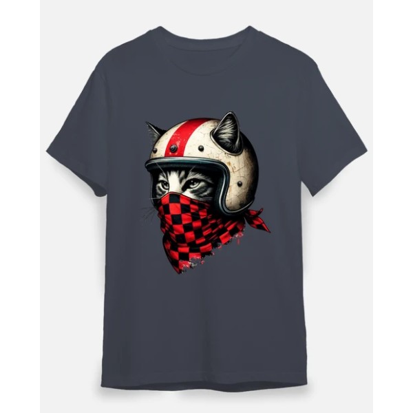 gato motociclista retro con casco genial