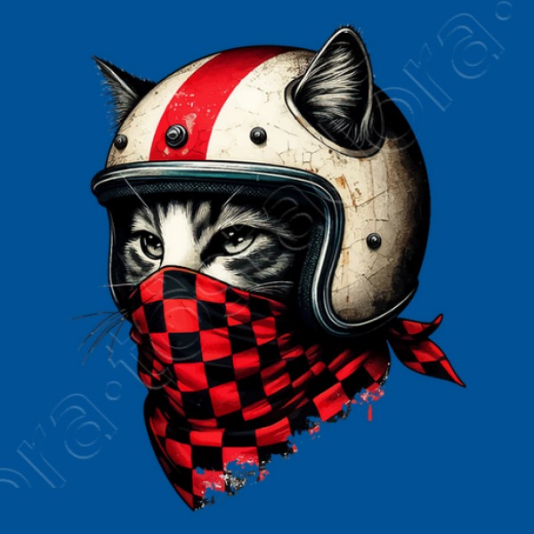 gato motociclista retro con casco genial