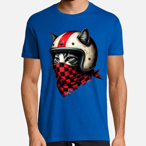 gato motociclista retro con casco genial