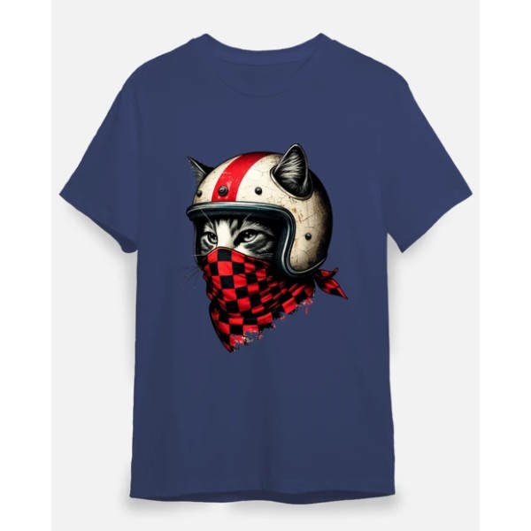 gato motociclista retro con casco genial