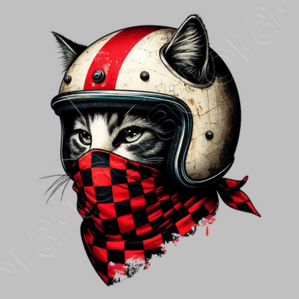 gato motociclista retro con casco genial