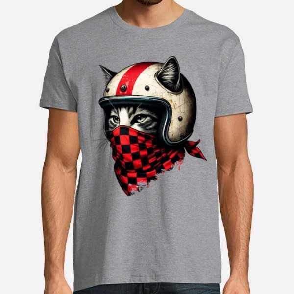 gato motociclista retro con casco genial