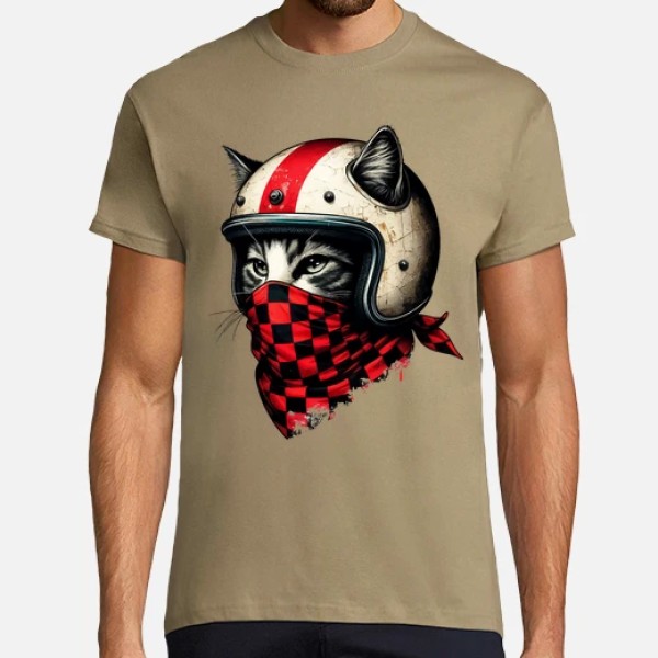 gato motociclista retro con casco genial