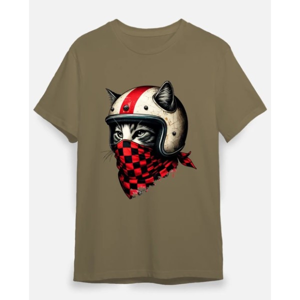 gato motociclista retro con casco genial