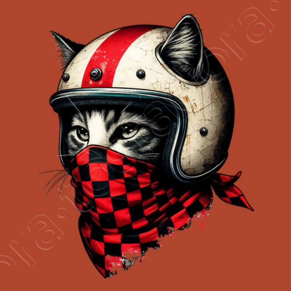 gato motociclista retro con casco genial