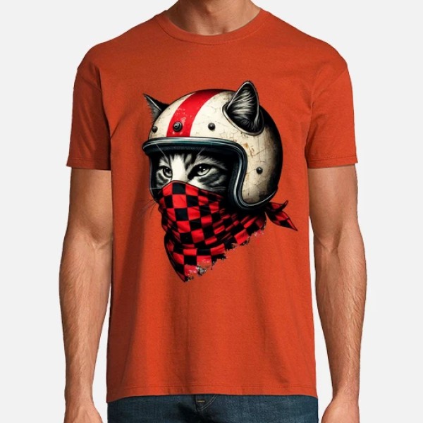 gato motociclista retro con casco genial