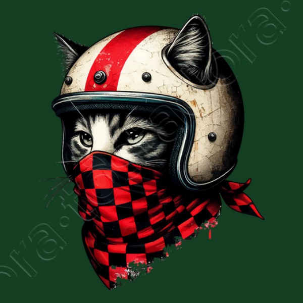 gato motociclista retro con casco genial