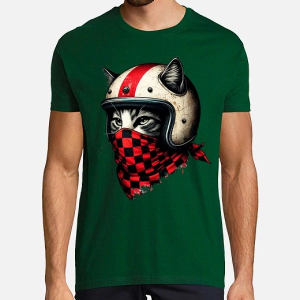 gato motociclista retro con casco genial