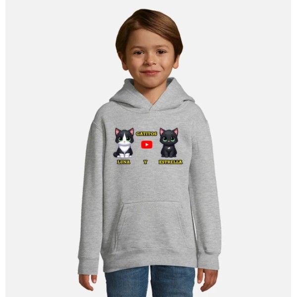 Jersey manga larga con capucha de gatitos Luna y Estrella Kawaii niu00f1os gris